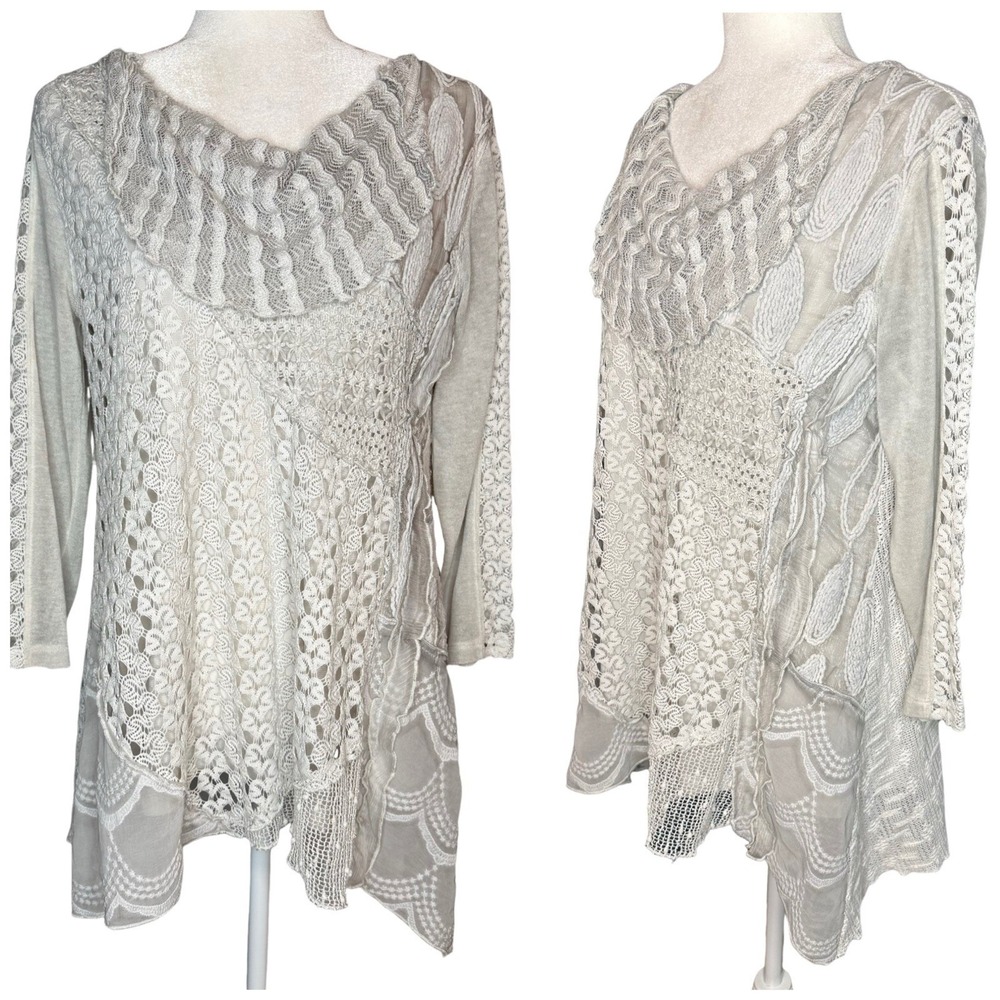 Ali Miles Crochet‎ Lace Tunic Top M Cowl Neck Asymmetrical Artsy Boho Whimsigoth